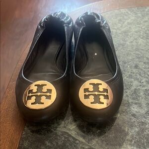 Tory Burch Black and Gold Leather Flats